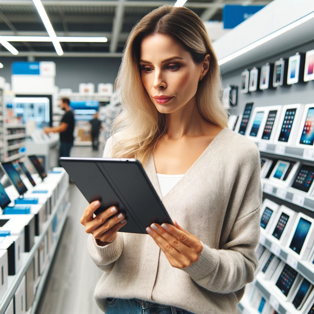 Kobieta ogląda w sklepie tablet graficzny